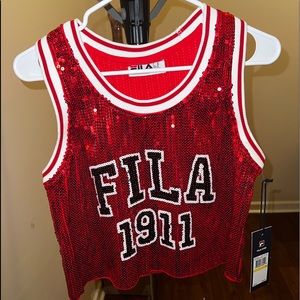 Red sequence fila crop top jersey
